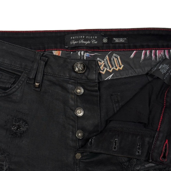 Philipp Plein Jean Super Straight Cut 31/32 (tag 31) Designer Distress- Black - Picture 7 of 12